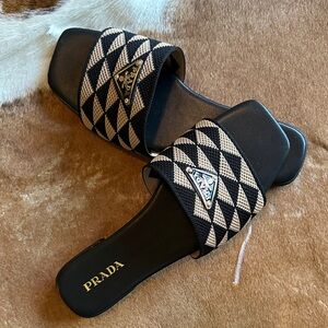 Prada Style Black and Cream Geometric Slide Sandals